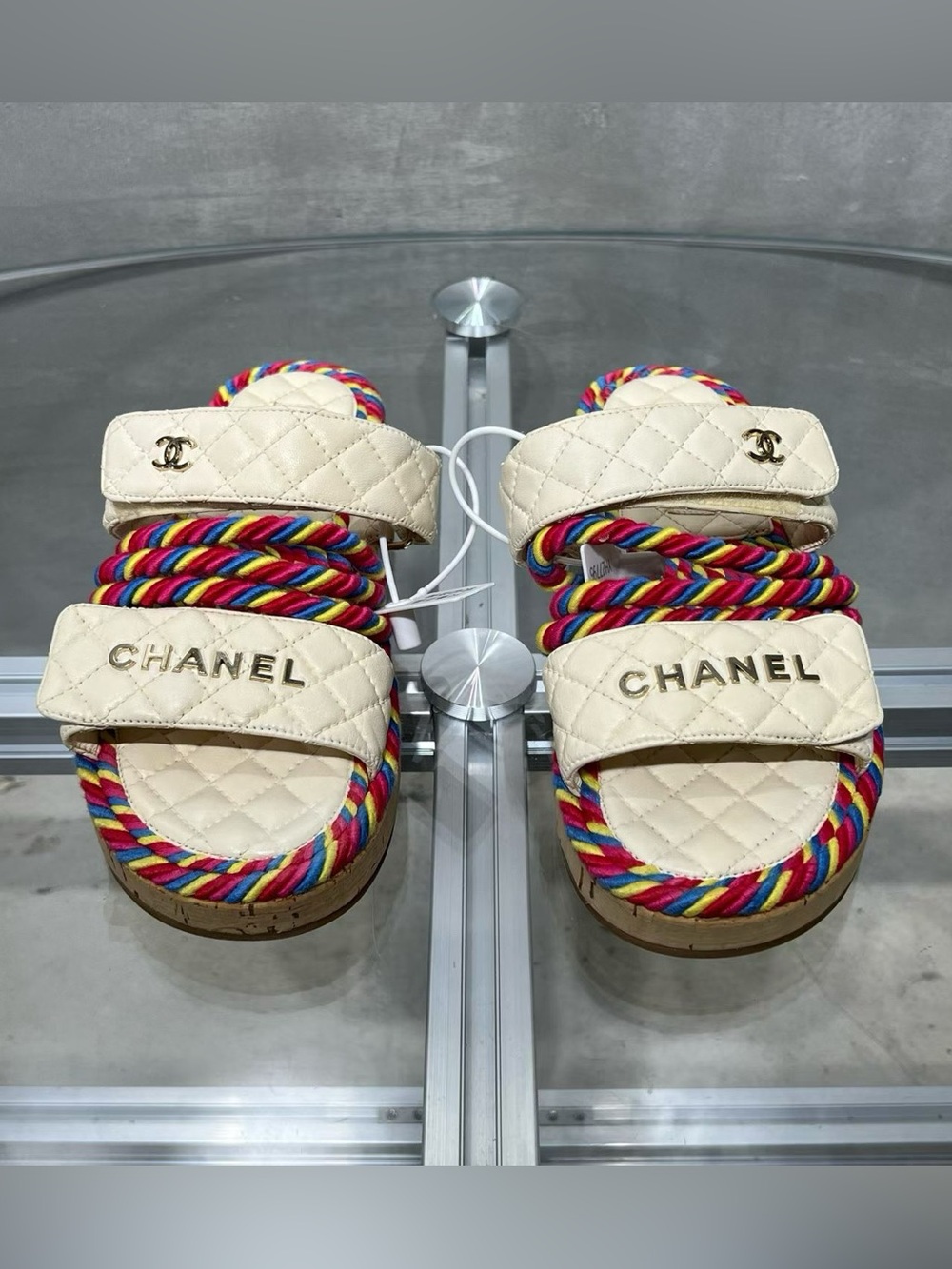 CHANEL White Quilted Sandals with Multicolor Rope Trim